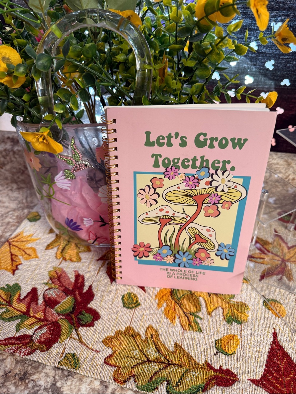 Let's Grow Together Pink Spiral Notebook - Floral Mushroom Design